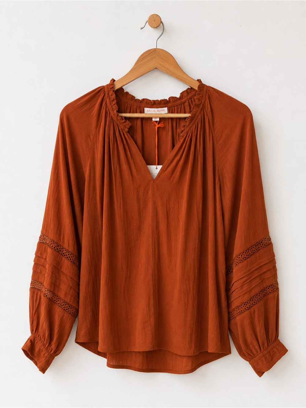Knox Rose Rust Blouse with Pintuck & Lace Sleeve Detail